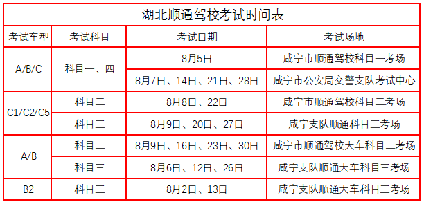 湖北順通駕校2019年8月考試時間.png